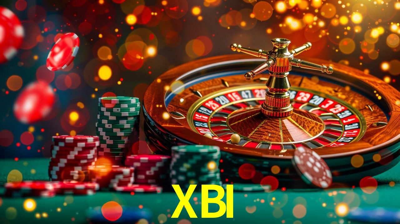 Escena dinámica inspirada en casino con iluminación XBI, cartas, fichas e íconos de juegos digitales en un espacio moderno de juegos.