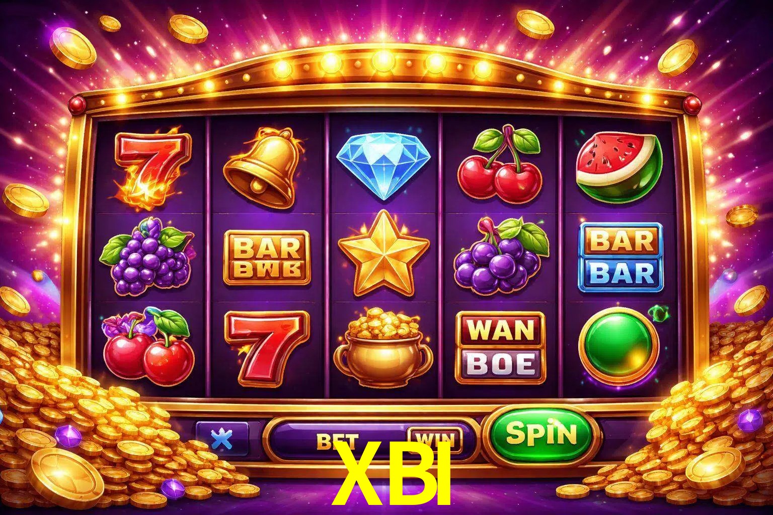 Una interfaz colorida de tragamonedas en línea con símbolos brillantes, monedas y un efecto de victoria celebratoria en XBI.