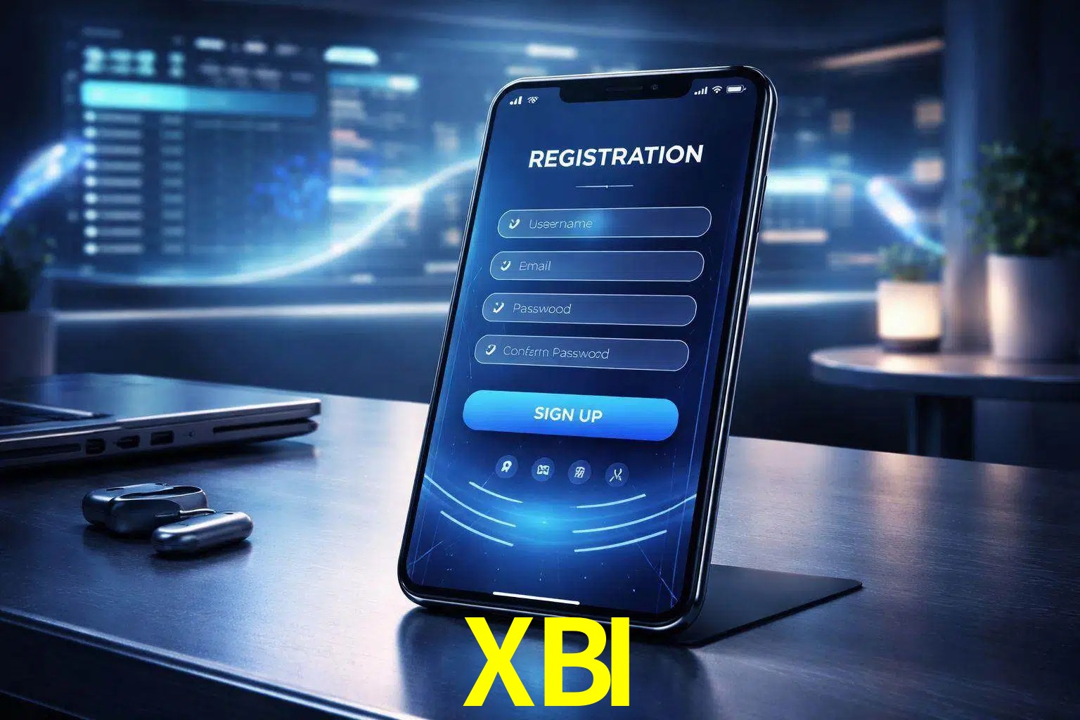 Una interfaz moderna de registro móvil para XBI mostrada en un smartphone con un panel de apuestas elegante.